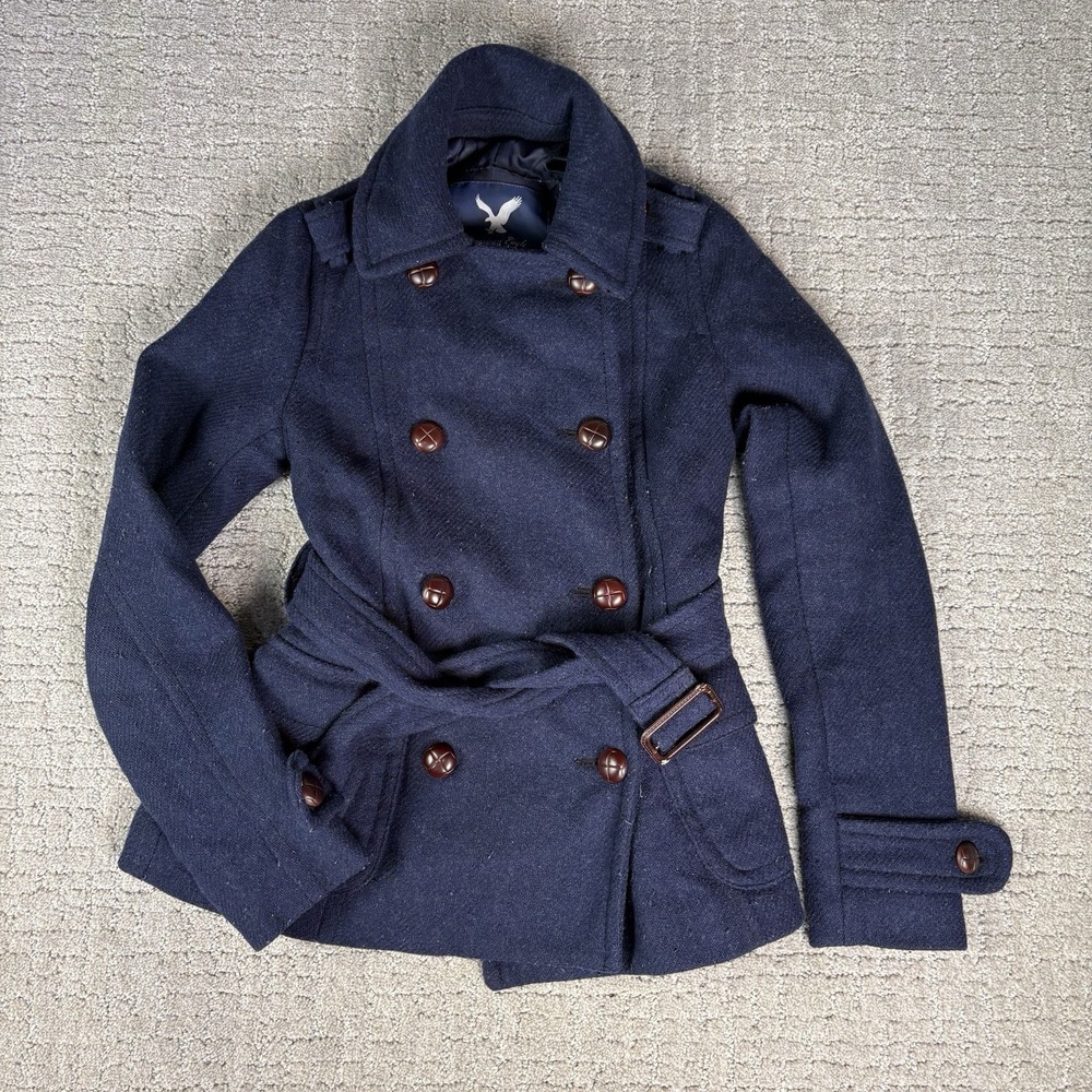 Y2K American Eagle Wool Blend Peacoat Women XS Petite Navy Belted Woven Button